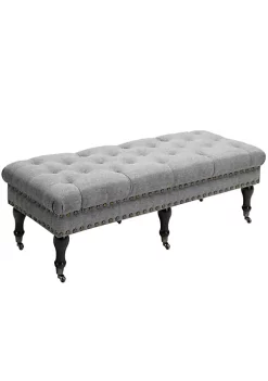 Outlet 🤩 HOMCOM Mobile Upholstered Bench Rolling Button Tufted Fabric Accent Ottoman with Nailhead Trim and Wheels Grey 🎉 -HOMCOM Sales Store Belk 1058