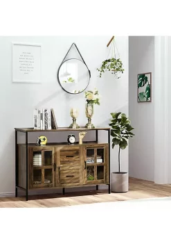 Coupon 🔔 HOMCOM Rustic Kitchen Sideboard Serving Buffet Storage Cabinet with Adjustable Shelves Glass Doors and 2 Drawers for Living Room Dark Walnut 🧨 -HOMCOM Sales Store Belk 1313