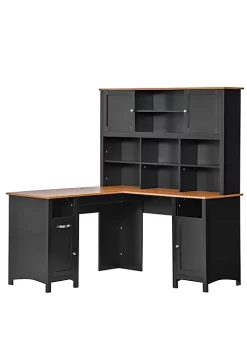 Discount 😀 HOMCOM L Shaped Computer Desk with Storage Shelves Home Office Desk with Drawers and Cabinets Black 🔥