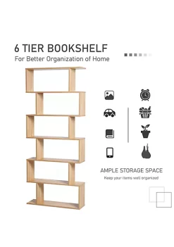 Best Sale 🔥 HOMCOM 75"H Bookcase 6 Shelf S Shaped Bookshelf Wooden Storage Display Stand Shelf Organizer Free Standing Oak 🌟 -HOMCOM Sales Store Belk 1382