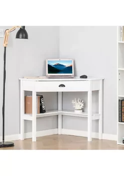 Coupon 💯 HOMCOM Corner Desk Triangle Computer Desk with Drawer and Storage Shelves for Small Space Home Office Workstation for Living Room Bedroom White ❤️ -HOMCOM Sales Store Belk 1614