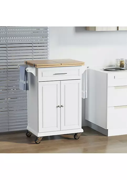 Wholesale ❤️ HOMCOM Kitchen Island Trolley Cart on Wheels with Drop Leaf Drawer Cabinet Towel Racks Versatile Use Natural Wood Top and White ⌛ 4 Wholesale ❤️ HOMCOM Kitchen Island Trolley Cart on Wheels with Drop Leaf Drawer Cabinet Towel Racks Versatile Use Natural Wood Top and White ⌛ - Image 2