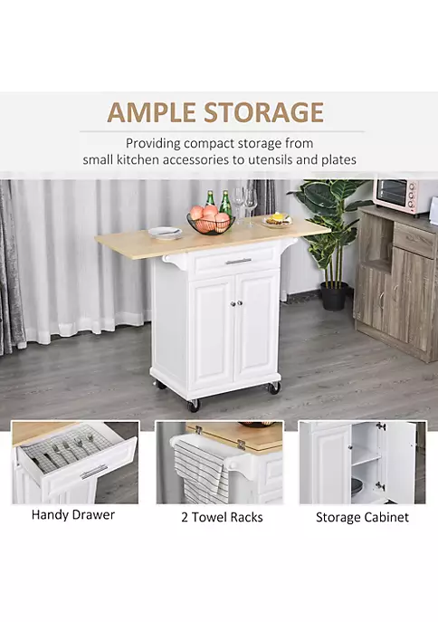 Wholesale ❤️ HOMCOM Kitchen Island Trolley Cart on Wheels with Drop Leaf Drawer Cabinet Towel Racks Versatile Use Natural Wood Top and White ⌛ 6 Wholesale ❤️ HOMCOM Kitchen Island Trolley Cart on Wheels with Drop Leaf Drawer Cabinet Towel Racks Versatile Use Natural Wood Top and White ⌛ - Image 4