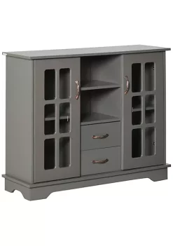 Best Sale 🛒 HOMCOM Modern Storage Console Cabinet with 2 Framed Glass Doors and 2 Drawers for Kitchen or Living Room Grey 🤩 -HOMCOM Sales Store Belk 1676