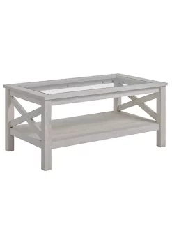 Flash Sale 😍 HOMCOM Farmhouse Style Coffee Table with Wood Frame Tempered Glass Tabletop and Underneath Storage Shelf for Living Room White Oak 🎉 -HOMCOM Sales Store Belk 1681