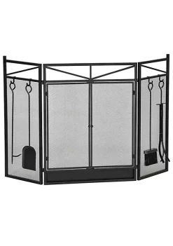 Best deal ❤️ HOMCOM 3 Panel Folding Fireplace Screen with 2 Magnetic Doors and Fire Place Tools Set Fire Spark Guard for Wood Burning with Brush Shovel Poker Firewood Tongs 48" x 0" Black ✨