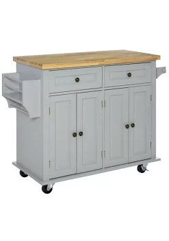 Flash Sale 😀 HOMCOM Rolling Kitchen Island Cart on Wheels with Rubber Wood Top Spice Rack Towel Rack and Drawers for Dining Room Grey ⭐ -HOMCOM Sales Store Belk 1760