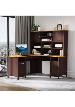 Hot Sale 👍 HOMCOM L Shaped Computer Desk with Storage Shelves Home Office Desk with Drawers and Cabinets Coffee Brown 🤩 -HOMCOM Sales Store Belk 1831