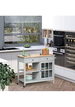 Discount 🤩 HOMCOM Kitchen Island Utility Storage Trolley Cart with Rubber Wood Top Towel Rack 2 Cabinets and Drawers for Dining Room Grey 💯 -HOMCOM Sales Store Belk 1863