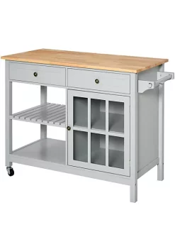 Discount 🤩 HOMCOM Kitchen Island Utility Storage Trolley Cart with Rubber Wood Top Towel Rack 2 Cabinets and Drawers for Dining Room Grey 💯 -HOMCOM Sales Store Belk 1864