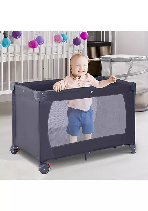 Wholesale 🌟 HOMCOM Portable Fold Up Baby Travel Crib Playard Playpen with Wheels and Mattress Pad Dark Grey 🎉 4 Wholesale 🌟 HOMCOM Portable Fold Up Baby Travel Crib Playard Playpen with Wheels and Mattress Pad Dark Grey 🎉 - Image 2