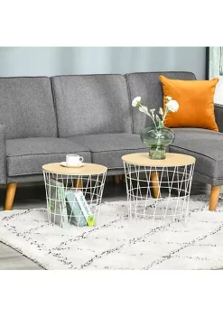 Coupon 🤩 HOMCOM Set of 2 Side Tables with Storage Nesting Wire Design Stacking Round Accent Coffee Tables with Inside Storage Removeable Top for Living Room or Bedroom White / Natural 🤩 -HOMCOM Sales Store Belk 2086