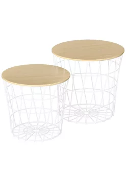 Coupon 🤩 HOMCOM Set of 2 Side Tables with Storage Nesting Wire Design Stacking Round Accent Coffee Tables with Inside Storage Removeable Top for Living Room or Bedroom White / Natural 🤩 -HOMCOM Sales Store Belk 2088