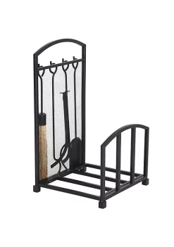 Promo 👏 HOMCOM Firewood Log Rack Storage Holder Stand with Tool Kit and Wrought Metal Frame for Indoor/Outdoor Use Black 🥰