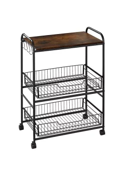 Brand new ๐ HOMCOM 24" 3 Tier Rolling Kitchen Cart Utility Storage Trolley with 2 Basket Drawers Side Hooks for Dining Room Brown ๐งจ