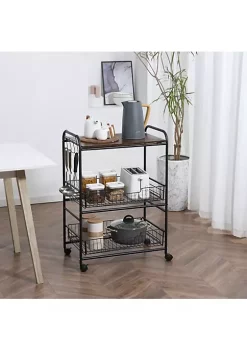 Brand new 🔔 HOMCOM 24" 3 Tier Rolling Kitchen Cart Utility Storage Trolley with 2 Basket Drawers Side Hooks for Dining Room Brown 🧨 -HOMCOM Sales Store Belk 2153
