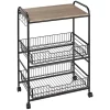 Discount 😉 HOMCOM 24" 3 Tier Rolling Kitchen Cart Utility Storage Trolley with 2 Basket Drawers Side Hooks for Dining Room and Kitchen Oak Wood Tone 🥰 -HOMCOM Sales Store Belk 2161