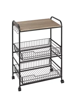 Discount 😉 HOMCOM 24" 3 Tier Rolling Kitchen Cart Utility Storage Trolley with 2 Basket Drawers Side Hooks for Dining Room and Kitchen Oak Wood Tone 🥰