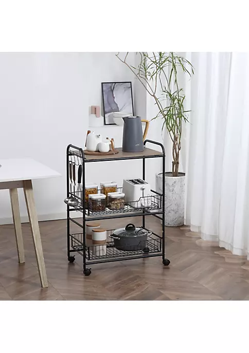 Discount ๐ HOMCOM 24" 3 Tier Rolling Kitchen Cart Utility Storage Trolley with 2 Basket Drawers Side Hooks for Dining Room and Kitchen Oak Wood Tone ๐ฅฐ 5 Discount ๐ HOMCOM 24" 3 Tier Rolling Kitchen Cart Utility Storage Trolley with 2 Basket Drawers Side Hooks for Dining Room and Kitchen Oak Wood Tone ๐ฅฐ - Image 3