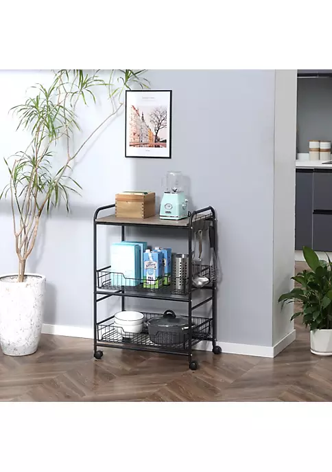 Discount ๐ HOMCOM 24" 3 Tier Rolling Kitchen Cart Utility Storage Trolley with 2 Basket Drawers Side Hooks for Dining Room and Kitchen Oak Wood Tone ๐ฅฐ 6 Discount ๐ HOMCOM 24" 3 Tier Rolling Kitchen Cart Utility Storage Trolley with 2 Basket Drawers Side Hooks for Dining Room and Kitchen Oak Wood Tone ๐ฅฐ - Image 4