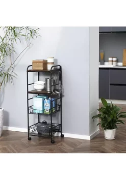 Flash Sale 🎁 HOMCOM 16" 4 Tier Rolling Kitchen Cart Utility Storage Trolley with 2 Basket Drawers Side Hooks for Dining Room and Kitchen Brown 👍 -HOMCOM Sales Store Belk 2185