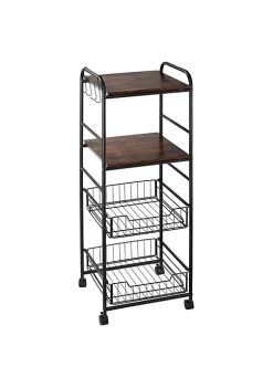 Flash Sale 🎁 HOMCOM 16" 4 Tier Rolling Kitchen Cart Utility Storage Trolley with 2 Basket Drawers Side Hooks for Dining Room and Kitchen Brown 👍 -HOMCOM Sales Store Belk 2186
