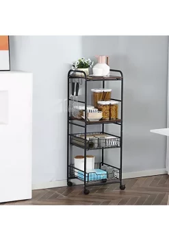 Cheapest 🎁 HOMCOM 16" 4 Tier Rolling Kitchen Cart Utility Storage Trolley with 2 Basket Drawers Side Hooks for Dining Room and Kitchen Walnut 🎉 -HOMCOM Sales Store Belk 2189
