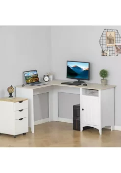 Promo 😉 HOMCOM L Shaped Computer Desk with Open Shelf and Storage Cabinet Corner Writing Desk with Adjustable Shelf Home Office Workstation Natural Wood and White ❤️ -HOMCOM Sales Store Belk 332