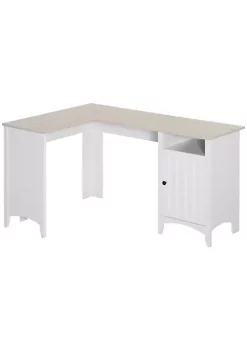 Promo 😉 HOMCOM L Shaped Computer Desk with Open Shelf and Storage Cabinet Corner Writing Desk with Adjustable Shelf Home Office Workstation Natural Wood and White ❤️ -HOMCOM Sales Store Belk 334