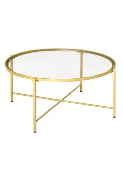 Outlet ⭐ HOMCOM 36" Modern Tempered Glass Coffee Table Round Table for Living Room Office with Metal Frame Gold 🔥