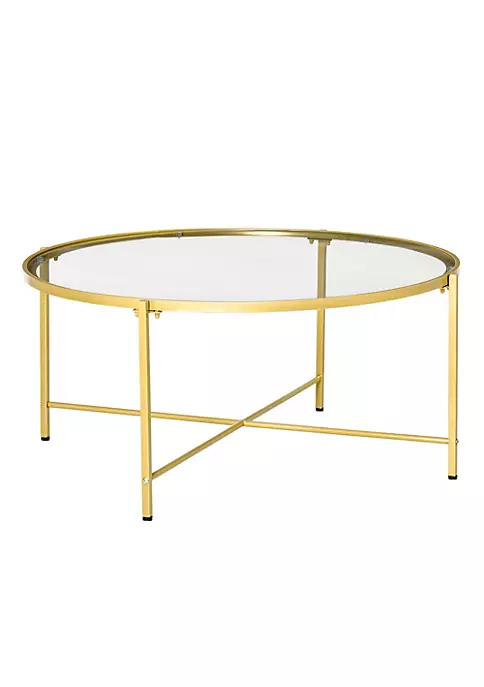Outlet ⭐ HOMCOM 36" Modern Tempered Glass Coffee Table Round Table for Living Room Office with Metal Frame Gold 🔥 4 Outlet ⭐ HOMCOM 36" Modern Tempered Glass Coffee Table Round Table for Living Room Office with Metal Frame Gold 🔥 - Image 2