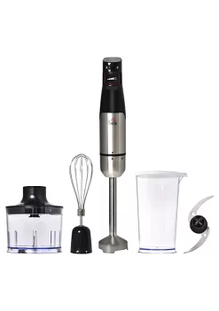 Buy 👍 HOMCOM Immersion Hand Blender 400W 4 in 1 Handheld Stick Blender with Adjustable Speed 500ml Chopper Egg Whisk 800ml Measuring Cup and Stainless Steel Blades Silver / Black 🔥