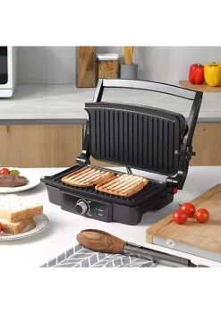 Outlet ✨ HOMCOM Panini Press Grill Stainless Steel Countertop Sandwich Maker with Non Stick Double Plates Locking Lids and Drip Tray Silver / Black 🎉 -HOMCOM Sales Store Belk 559