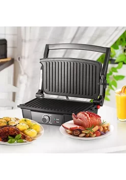 Outlet ✨ HOMCOM Panini Press Grill Stainless Steel Countertop Sandwich Maker with Non Stick Double Plates Locking Lids and Drip Tray Silver / Black 🎉 -HOMCOM Sales Store Belk 560