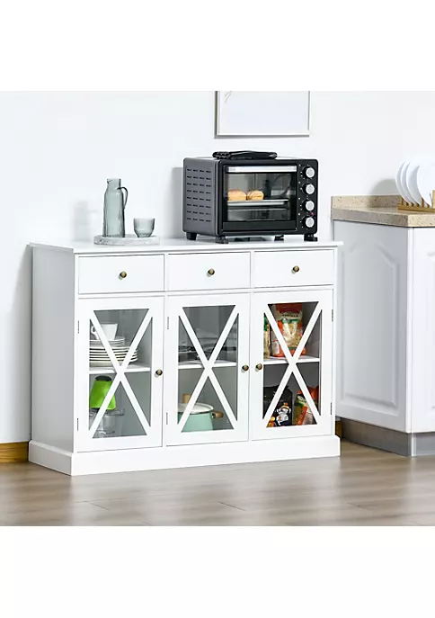Promo 😉 HOMCOM 45" Farmhouse Style Kitchen Sideboard Serving Buffet Storage Cabinet Cupboard with Glass Doors and 3 Drawers White 😉 5 Promo 😉 HOMCOM 45" Farmhouse Style Kitchen Sideboard Serving Buffet Storage Cabinet Cupboard with Glass Doors and 3 Drawers White 😉 - Image 3