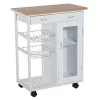 Best Sale 🎁 HOMCOM 28" Rolling Kitchen Trolley Serving Cart Storage Cabinet Bamboo Top with Wire Basket and Glass Door and Drawers White 😀 -HOMCOM Sales Store Belk 675