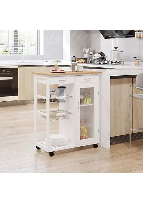 Best Sale ๐ HOMCOM 28" Rolling Kitchen Trolley Serving Cart Storage Cabinet Bamboo Top with Wire Basket and Glass Door and Drawers White ๐ 4 Best Sale ๐ HOMCOM 28" Rolling Kitchen Trolley Serving Cart Storage Cabinet Bamboo Top with Wire Basket and Glass Door and Drawers White ๐ - Image 2