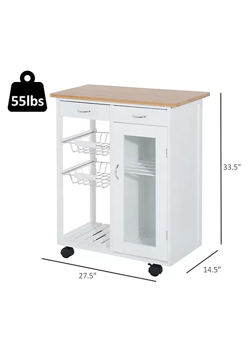 Best Sale ๐ HOMCOM 28" Rolling Kitchen Trolley Serving Cart Storage Cabinet Bamboo Top with Wire Basket and Glass Door and Drawers White ๐ 5 Best Sale ๐ HOMCOM 28" Rolling Kitchen Trolley Serving Cart Storage Cabinet Bamboo Top with Wire Basket and Glass Door and Drawers White ๐ - Image 3
