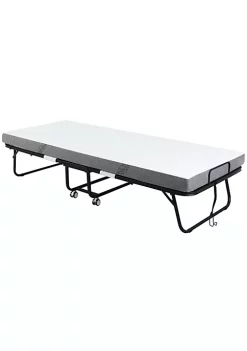 Best Pirce 🤩 HOMCOM Folding Bed with 4 Inch Mattress Portable Foldable Guest Bed with Sturdy Metal Frame on Wheels 78"x29"x16" ✔️